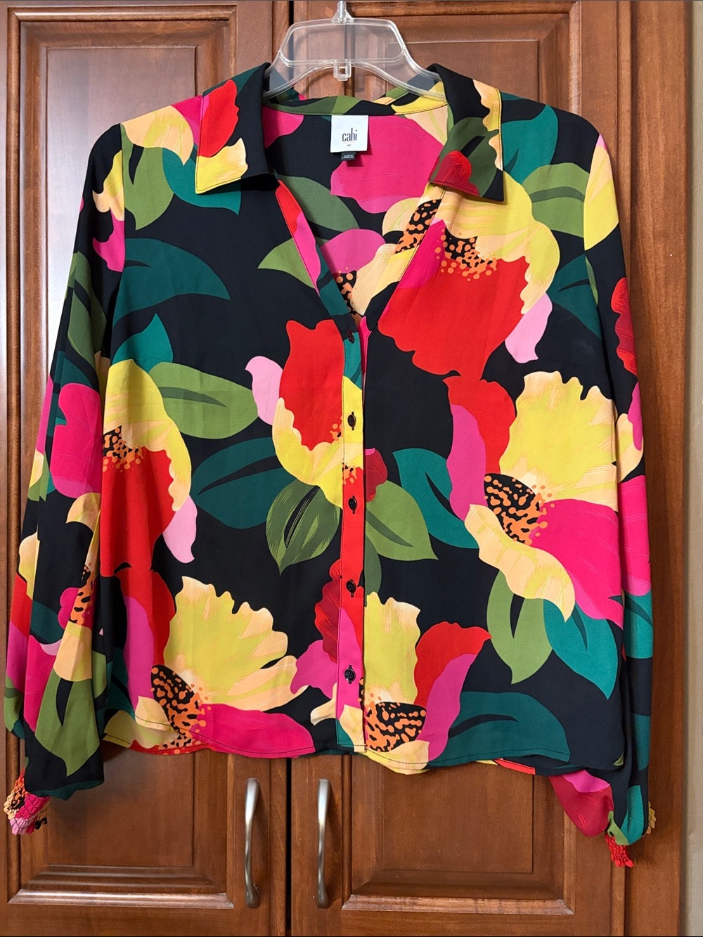 CAbi Black Button-Down Blouse with Bright Floral Print size medium